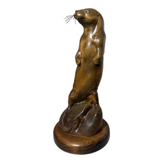 Share Vintage Hand Carved Wood Metal Standing Sea Otter Animal Sculpture Statue Figure For Sale