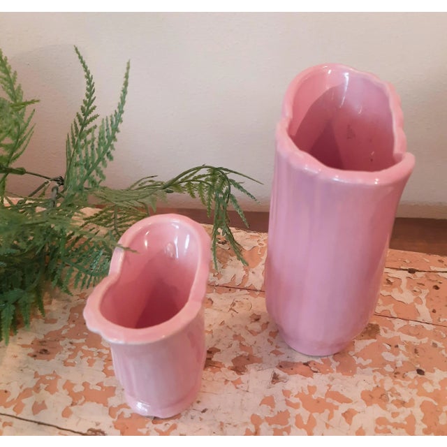 Art Deco Vintage Pink Pottery Vase Deco Style Mid Century 2 Set For Sale - Image 3 of 9