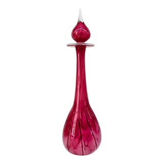 Vintage Mtarfa Cranberry Art Glass Decanter With Stopper, Hand-Blown in Malta For Sale