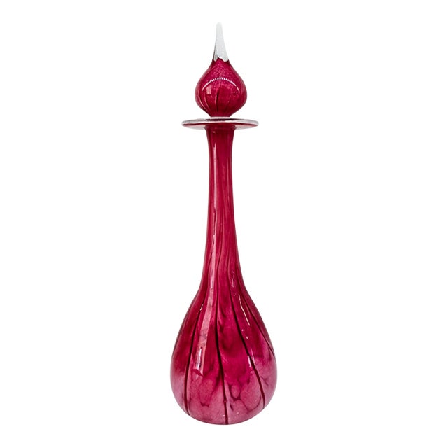 Vintage Mtarfa Cranberry Art Glass Decanter With Stopper, Hand-Blown in Malta For Sale