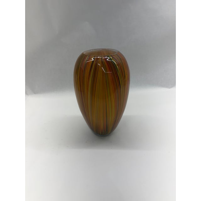 Mid-Century Modern Vintage Murano-Style Orange & Amber Striped Cane Art Glass Vase For Sale - Image 3 of 6