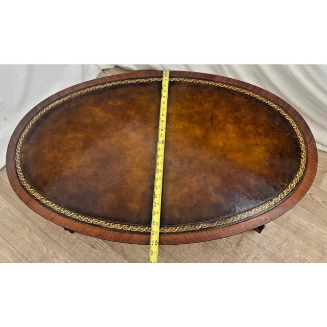 Vintage Weiman Mahogany Oval Coffee Table Brown Tooled Leather Top Federal Style For Sale - Image 11 of 14