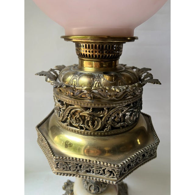 Early 20th Century Electrified Oil Lamp With Floral Shade and Onyx Cast Metal Base For Sale - Image 10 of 13
