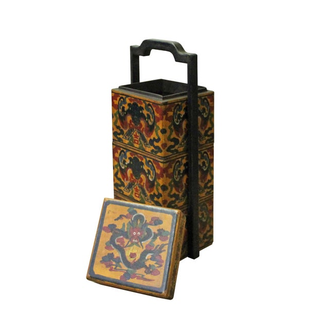 Chinese Yellow Lacquer Color Bats Floral Graphic Painting Box For Sale - Image 4 of 6