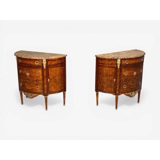 Louis XVI Style, Demilune Commodes, a Pair, Inlaid, Bronze, France, 19th C. For Sale - Image 4 of 18
