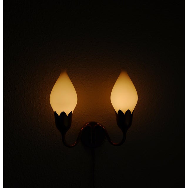 Fog & Mørup Brass and Opaline Glass Tulip 2-Arm Wall Lamp from Fog & Mørup, 1950s For Sale - Image 4 of 7
