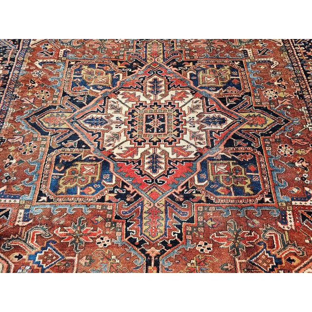 Antique Persian Heriz Karajeh Rug, Hand-Knotted Wool, Geometric Design, Brick & Navy, 9x12 For Sale - Image 4 of 10