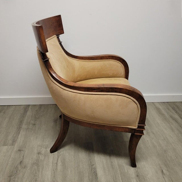 Contemporary Contemporary Klismos-Gondola Armchair in Warm Walnut With Ultrasuede Upholstery For Sale - Image 3 of 7