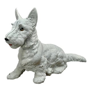 Very Rare Large Size Vintage 1930s Hubley Mfg. Co. Cast Iron Scottish Terrier Dog Doorstop in Original White Paint 16 Inches Long For Sale
