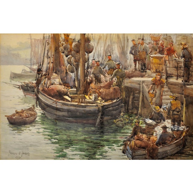Frances emily nesbitt. english ( b.1863 - d.1934 ). a moray firth zulu fishing boat unloading herring in whitby, 1893....