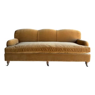 Modern English Sofa in a Caramel Mustard Faux Velvet Mohair With Down Cushion For Sale