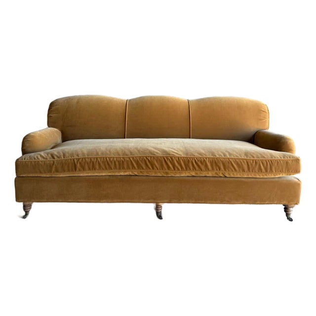 Modern English Sofa in a Caramel Mustard Faux Velvet Mohair With Down Cushion For Sale