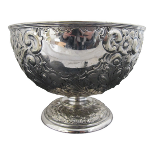Antique English Silver Plate Ornate Repousse Flower & Scroll Footed Bowl