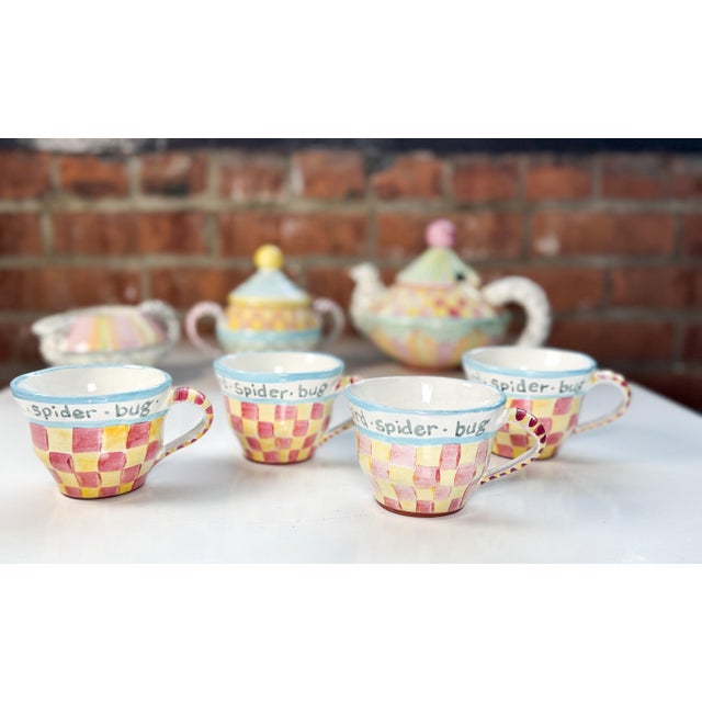 Description: A whimsical and collectible hand-painted set of 4 tea cups - pattern "Childrens Sampler" from Mackenzie-...