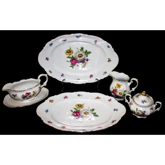 Set of 5 Mitterteich china Meissen Floral pattern serving pieces. Includes 2 platters 14 3/4" x 10", 1 gravy boat with...