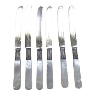 Antique Landers Frary & Clark Aetna Works Mother of Pearl & Sterling Knives - Set of 6 For Sale