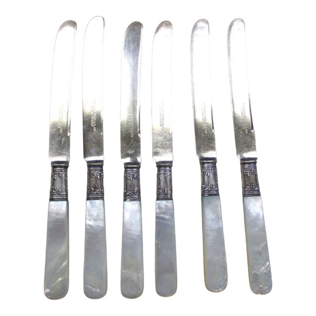 Antique Landers Frary & Clark Aetna Works Mother of Pearl & Sterling Knives - Set of 6 For Sale