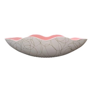 Mid Century Modern Pink White and Gold Abstract Scalloped Ceramic Planter For Sale