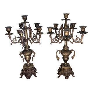 Pair of Vintage Rococo Revival 6-Light Brass-Tone Candelabra, 19” For Sale