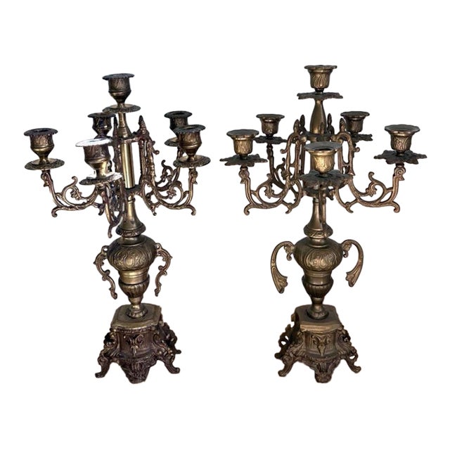 Pair of Vintage Rococo Revival 6-Light Brass-Tone Candelabra, 19” For Sale