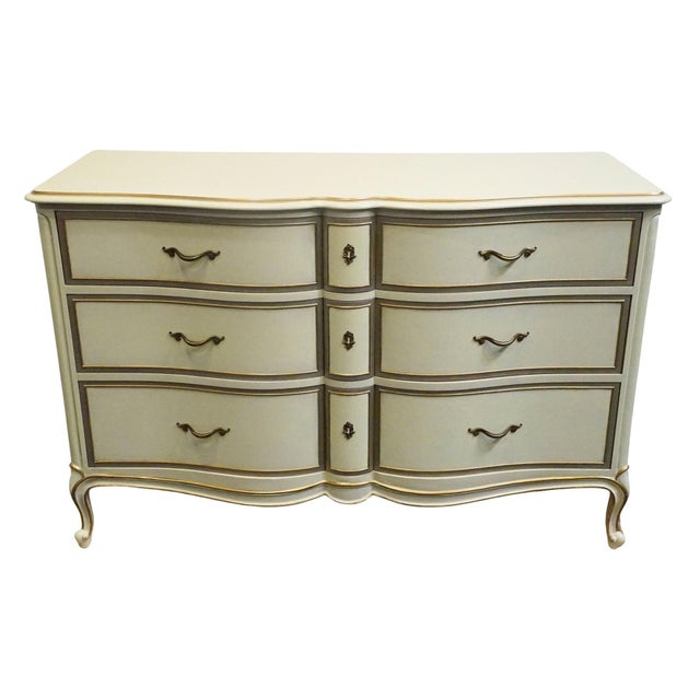French Provincial Drexel Furniture Touraine Collection Custom Cream Pained Country French Provincial 54" Double Dresser 200-120-1 For Sale - Image 3 of 15