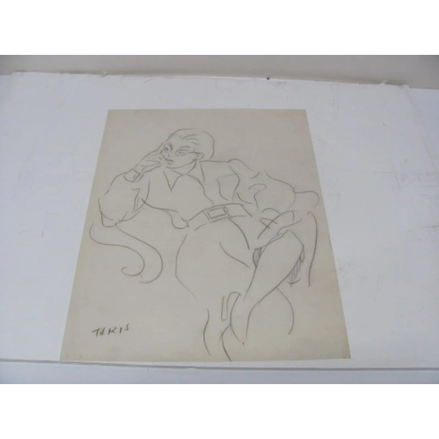 Pablo Picasso 1950s Nickolas Takis Ink on Paper "Woman With Belt Reclining" Original Drawing For Sale - Image 4 of 4