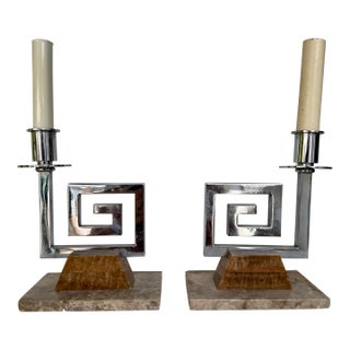 Late 20th Century Marble and Chrome Greek Key Mid Century Modern Lamps - a Pair For Sale