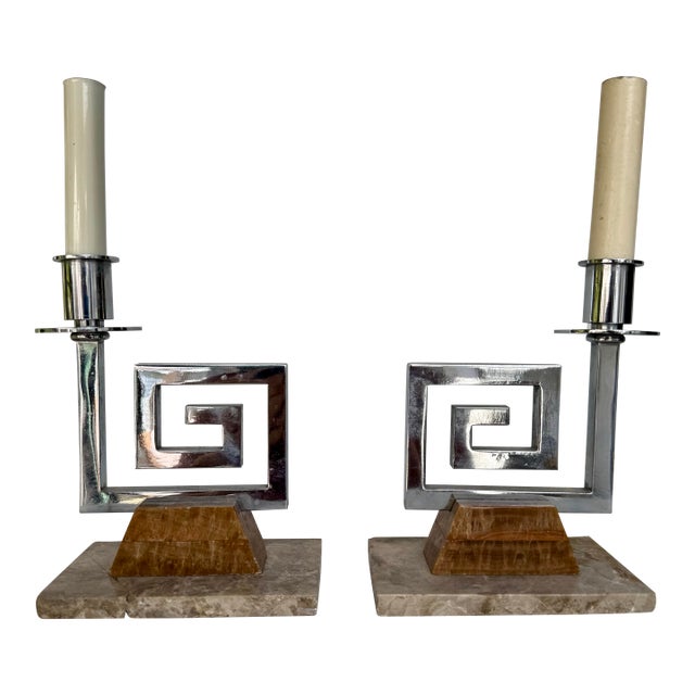 Late 20th Century Marble and Chrome Greek Key Mid Century Modern Lamps - a Pair For Sale