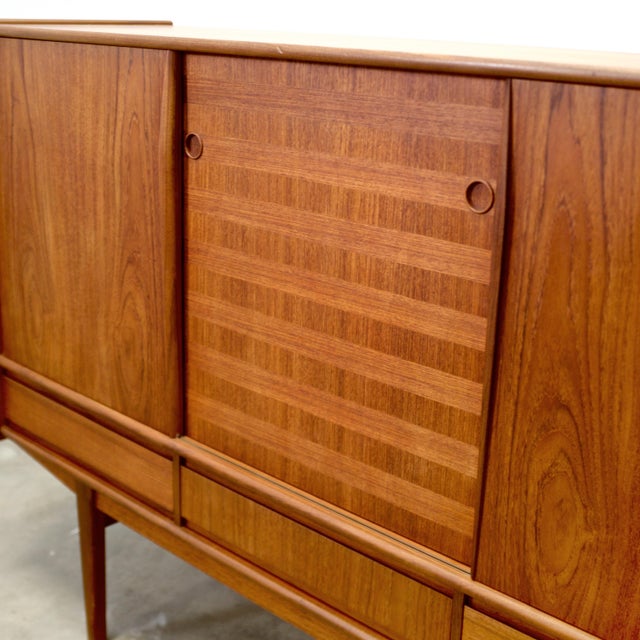 1950s Danish Teak Tall Sideboard / Highboard With Inlaid Veneer Design For Sale - Image 11 of 17