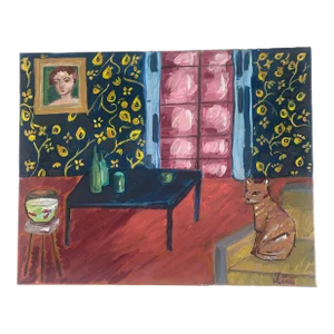 Acrylic Painting of an Interior Scene with Cat and Goldfish Signed S Louis
