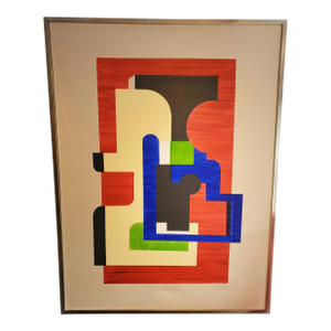 "Exit" Geometric Abstract Mixed-Media Painting, Red, Blue, Black, Green