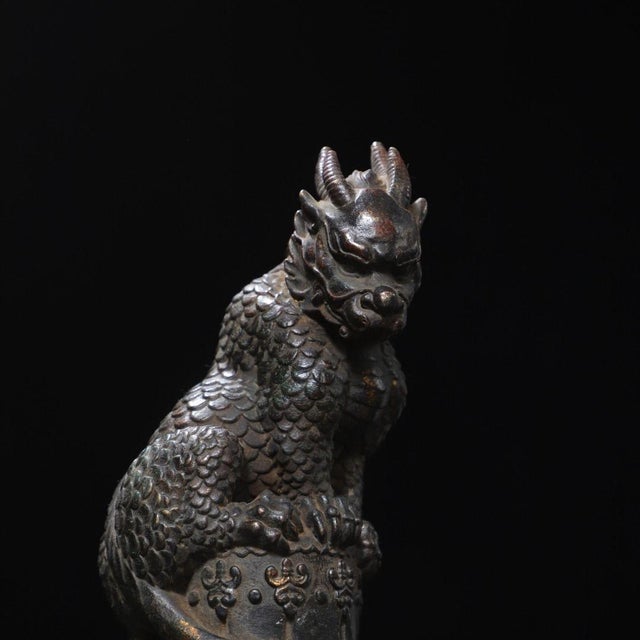 Mid 20th Century Vintage Gilt Brass Qilin Figure - Mythical Beast on Column For Sale - Image 5 of 9
