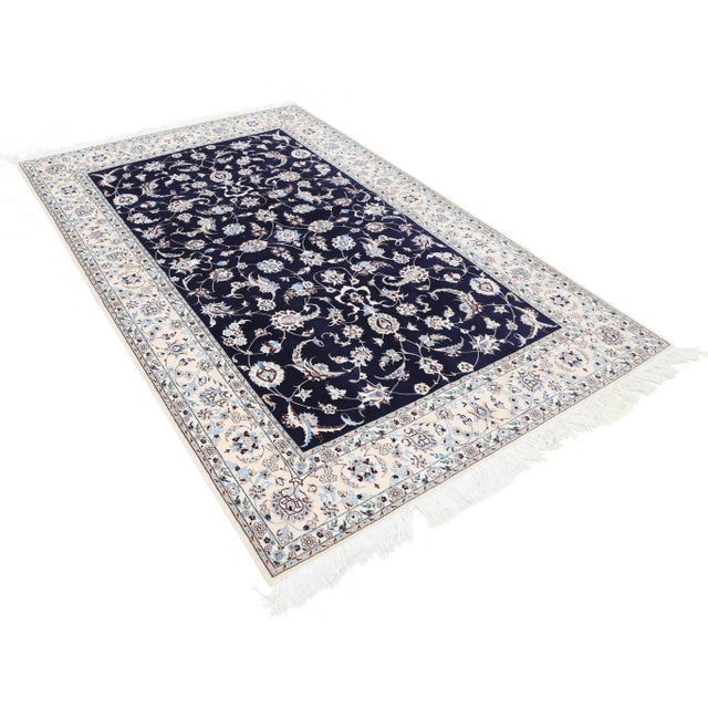 Traditional Navy Blue Fine Hand Knotted Persian Silk & Wool For Sale - Image 3 of 4