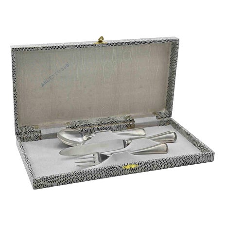 Italian 800 Silver Child's Cutlery Set in Case, Mid-20th Century, Set of 3 For Sale