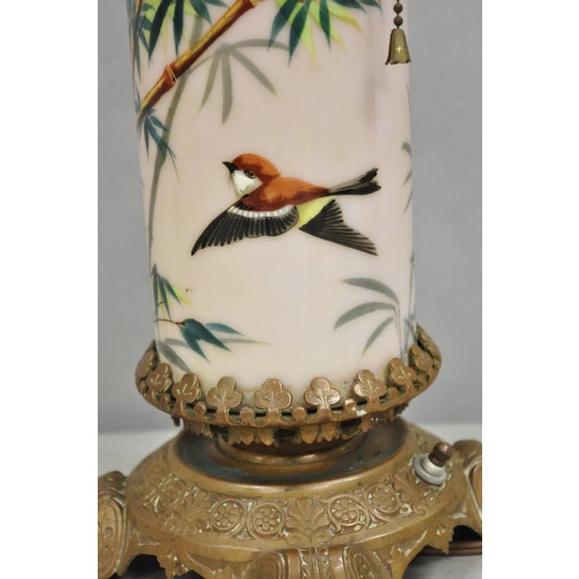 Art Nouveau Converted Oil Lamp Glass Cylinder Bird Painted Bronze Table Lamp For Sale In Philadelphia - Image 6 of 14