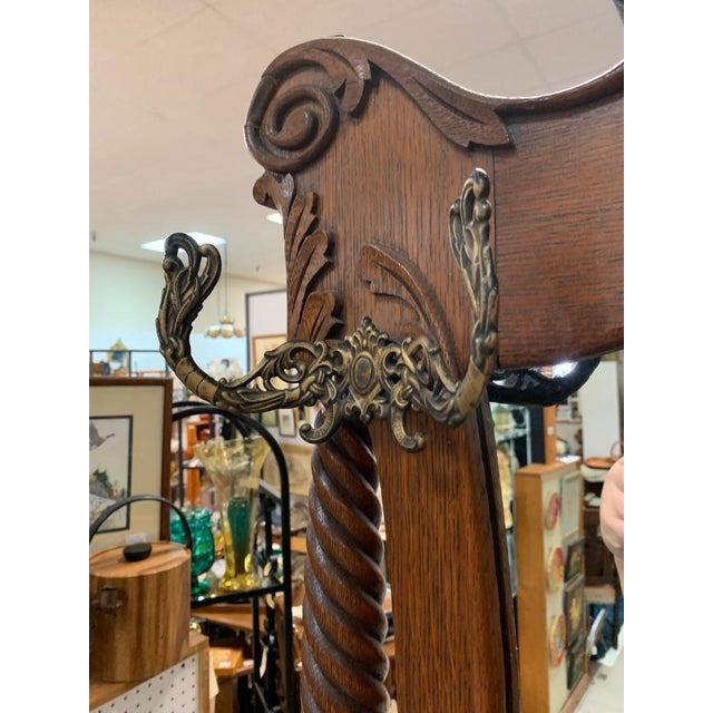 Wood 1900s Hall Tree With Original Brass Hooks, Mirror & Storage For Sale - Image 7 of 9