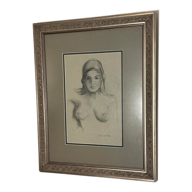 20th Century Nude With Head Scarf Charcoal on Paper by Bert Sanders For Sale