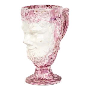 Antique 19th Century English Staffordshire Pink Luster Satyr Head Mug With Frog Inside