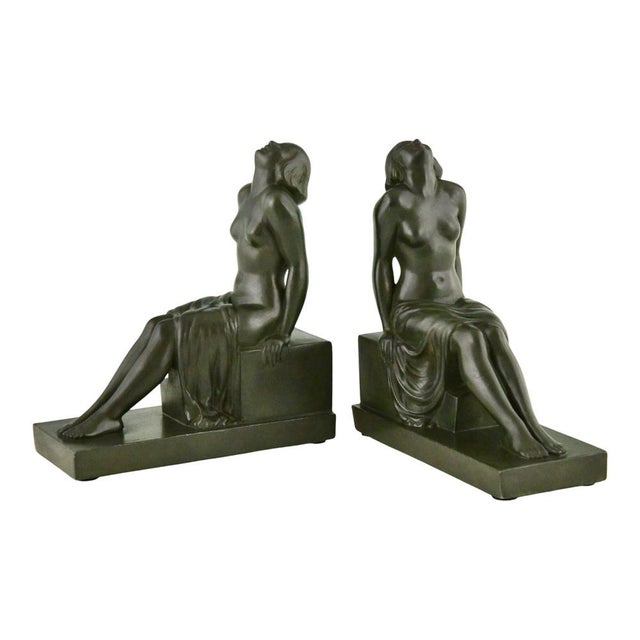 Green Art Deco Bookends with Seated Nudes by Janle for Max Le Verrier, 1930, Set of 2 For Sale - Image 8 of 11