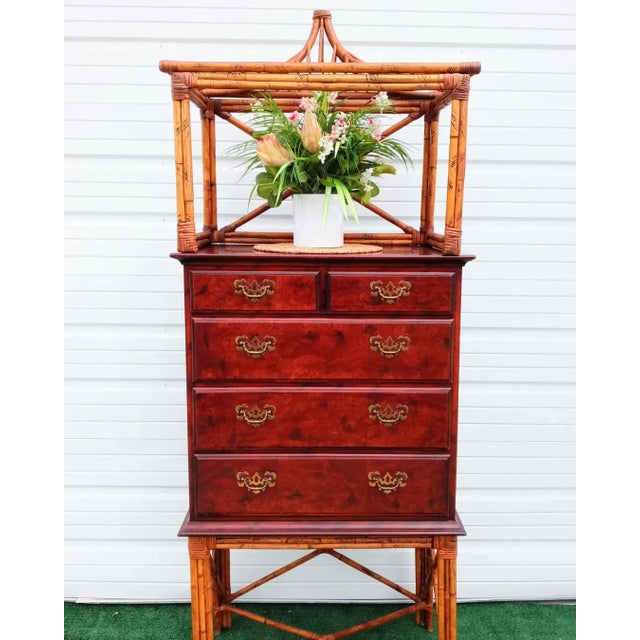 English Vintage Bamboo Pagoda Top 5 Drawer Mahogany Chest of Drawers Dresser For Sale - Image 3 of 13