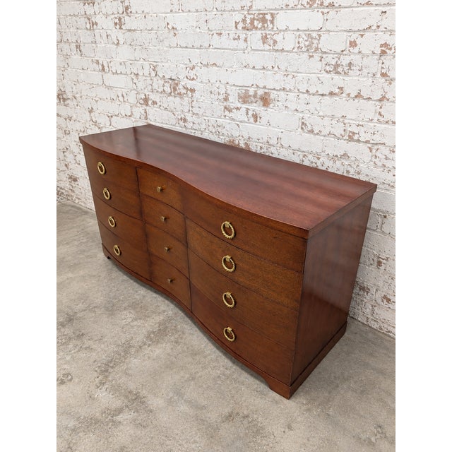 Transitional Vintage Bench Fine Furniture Solid Wood Mahogany 12 Drawer Serpentine Dresser/Chest For Sale - Image 3 of 8