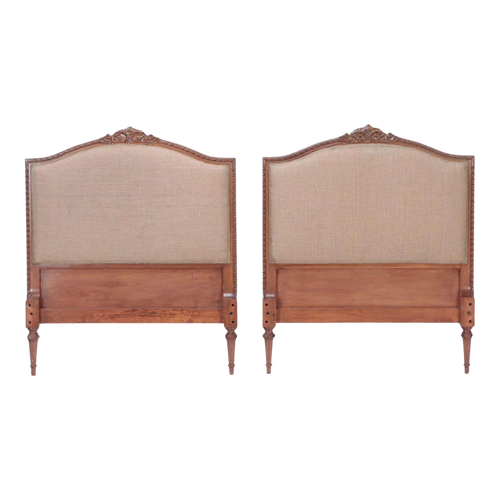 French Louis XVI Style Twin Beds Headboards in Burlap. Circa 1950. A