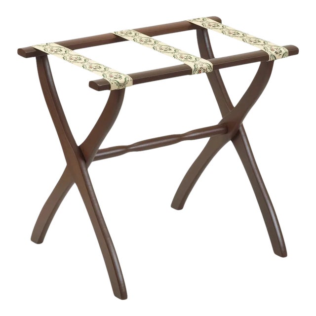 Mahogany Wood Contour Leg Luggage Rack with 3 Brown Petit Point Straps For Sale