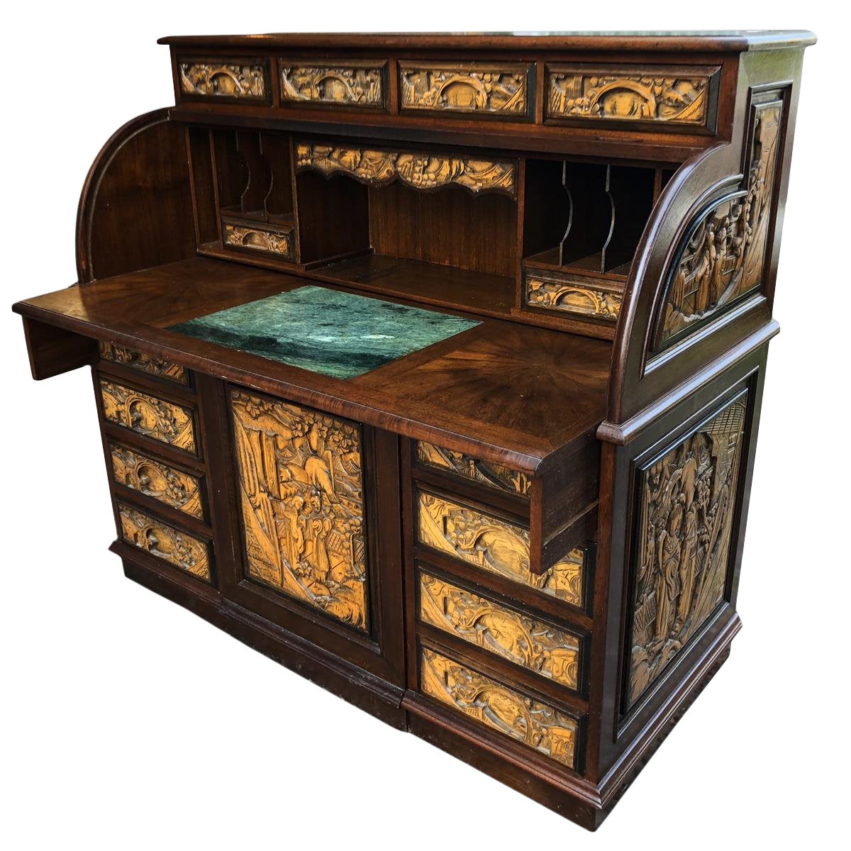 Asian Japanese Export Carved Rolltop Secretary Desk W/ Chair Chairish