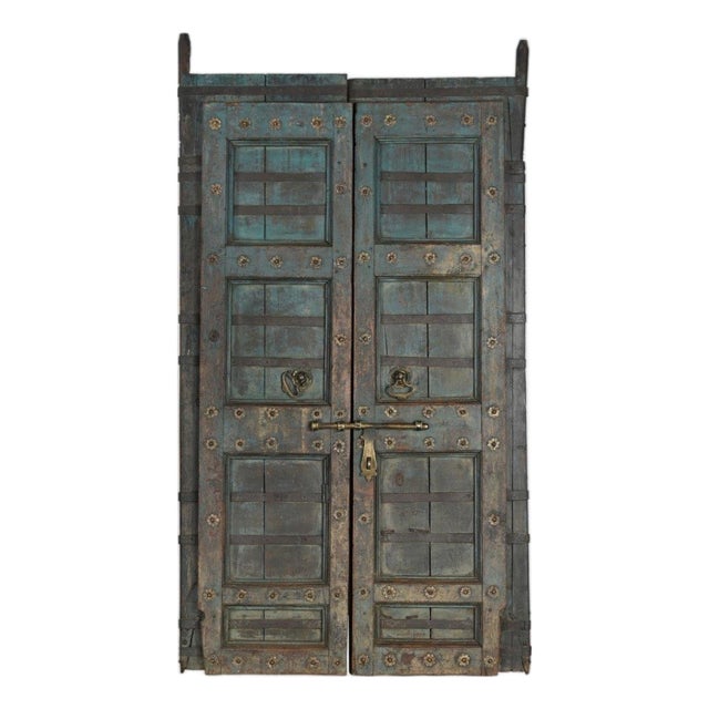 Antique Indian Painted Teakwood Door, C. 1900 For Sale