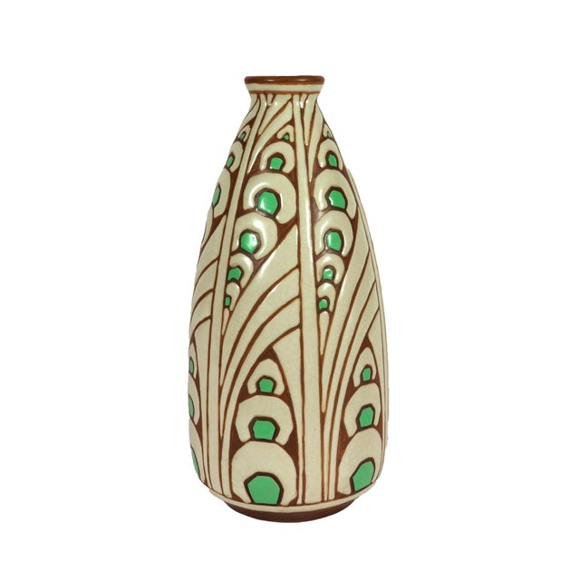Cream Charles Catteau for Boch Frères Keramis Art Deco Stoneware Vase, Décor d.1005 Circa 1925 For Sale - Image 8 of 10