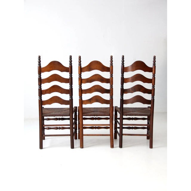 Early 20th Century Antique Ladder Back Chairs With Rush Seat Set of 3 For Sale - Image 5 of 12