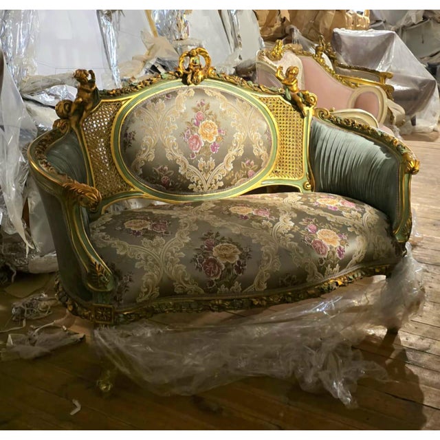 French Louis XV Romantic Loveseat With Floral Damask Upholstery, Sage Green Velvet Panels, Cherubs & Hand-Gilded Gold Leaf Frame For Sale - Image 4 of 5