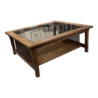 1990s Stickley Mission Collection Oak Spindle and Glass Top Coffee Table For Sale