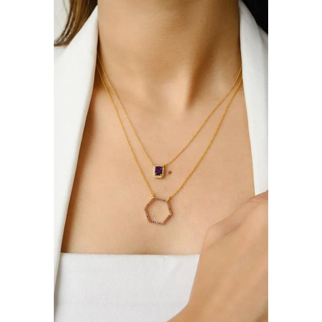 Not Yet Made - Made To Order Geomatric Hexagon Shape Amethyst Pendant Chain Necklace in 14k Solid Gold For Sale - Image 5 of 12